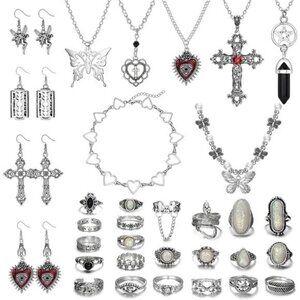 33Pcs Grunge Vintage Punk Gothic  Necklace Jewelry Set Gothic Earrings Fairy